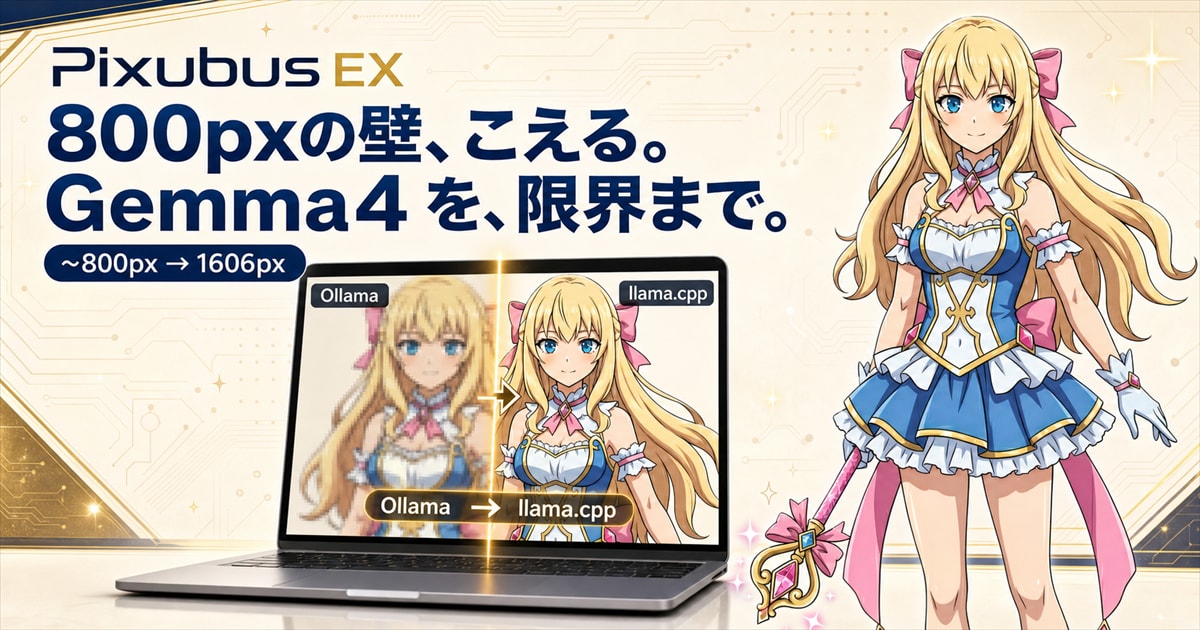 Pixubus EX のキービジュアル。800pxの壁、こえる。Gemma4 を、限界まで。Ollama → llama.cpp で、キャラ画像を細部まで読んで SD プロンプトに。